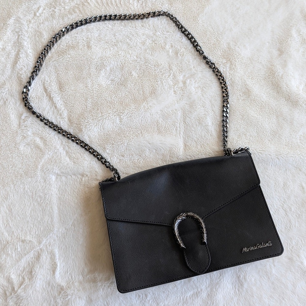 Marina Galanti Black Leather Crossbody Bag Made in Italy Horseshoe Chain Strap